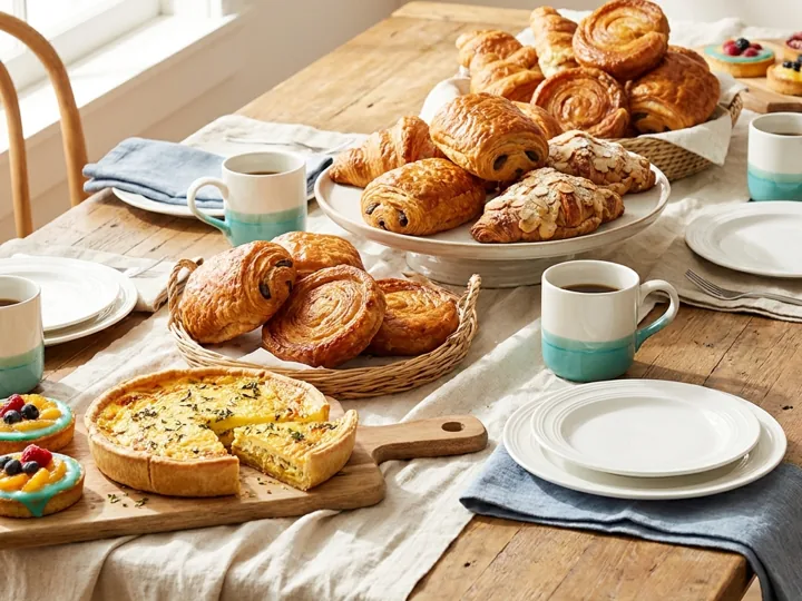 A morning spread of croissants, pastries and sliced quiche laid out for guests