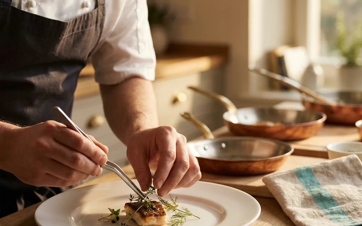 Chef Christophe plating a course in a private home kitchen
