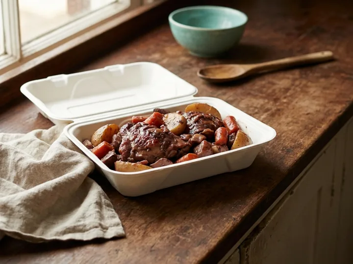 A prepared meal in its container