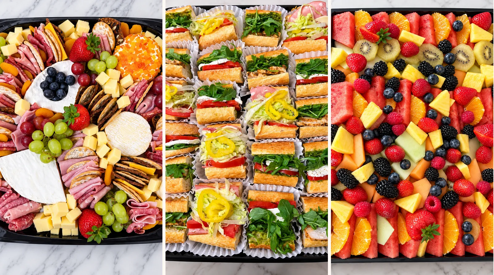 A Piknik charcuterie board, baguette sandwich platter and fruit platter